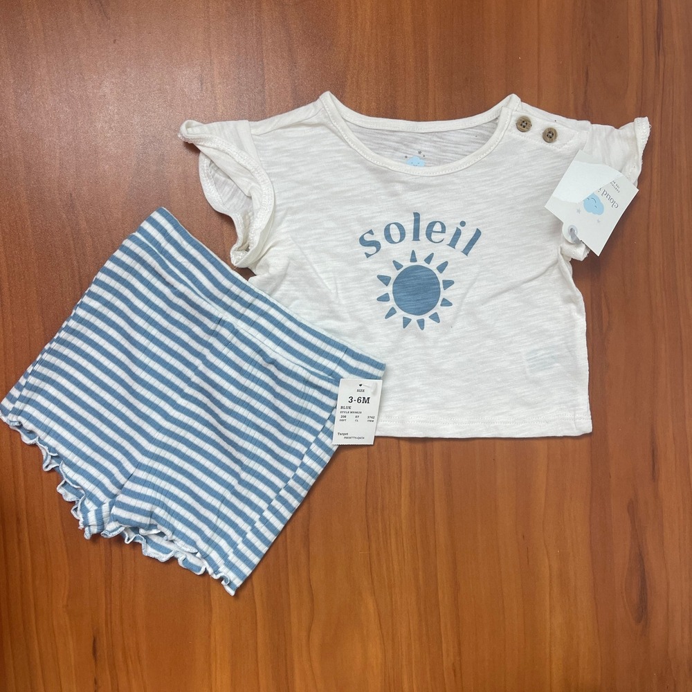 Cloud Island Baby Girls Soleil Sun Graphic Tee and Striped Shorts Set 3-6M NWT